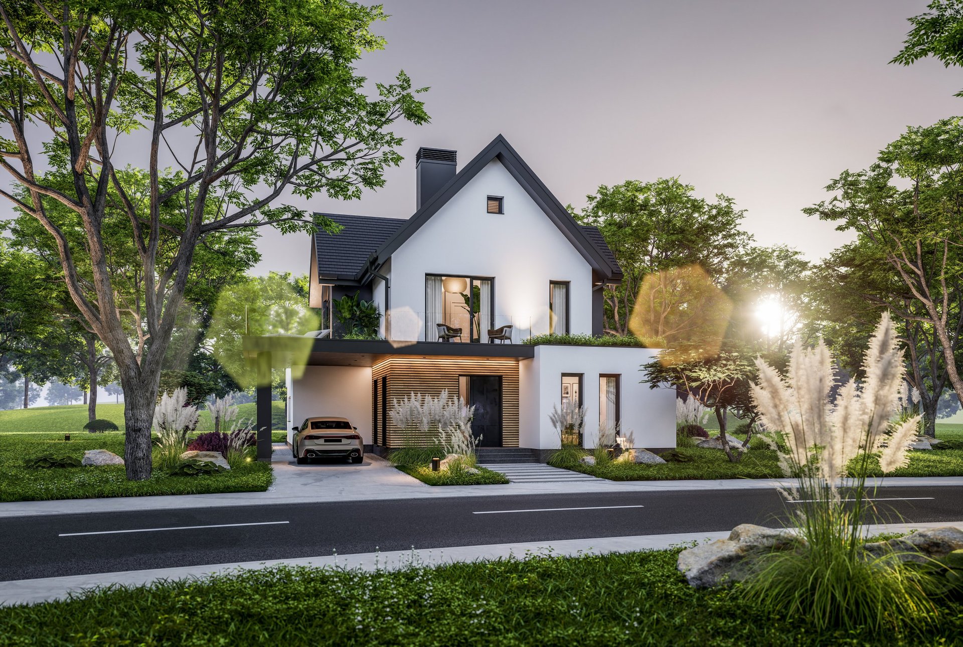 Contemporary luxury house exterior with beautiful garden
