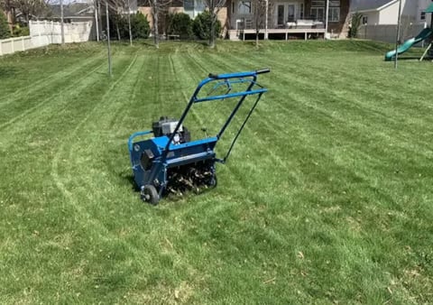 Blue and black snow blower on a mowed lawn in a residential backyard