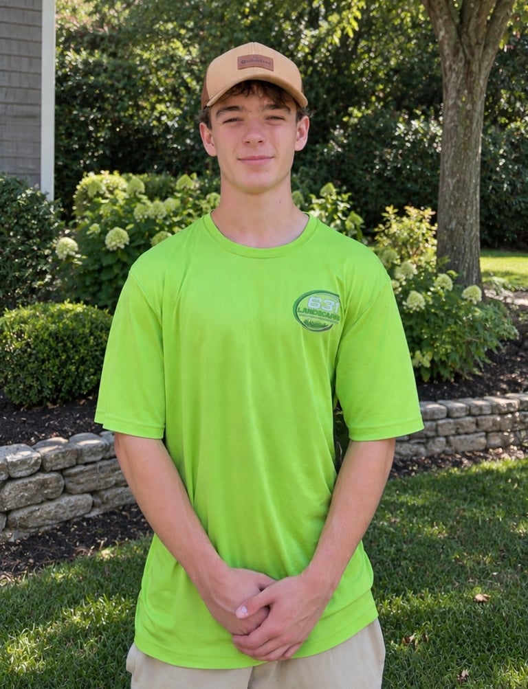 Young man in bright green t-shirt and brown cap standing in a landscaped backyard with green hedges and trees