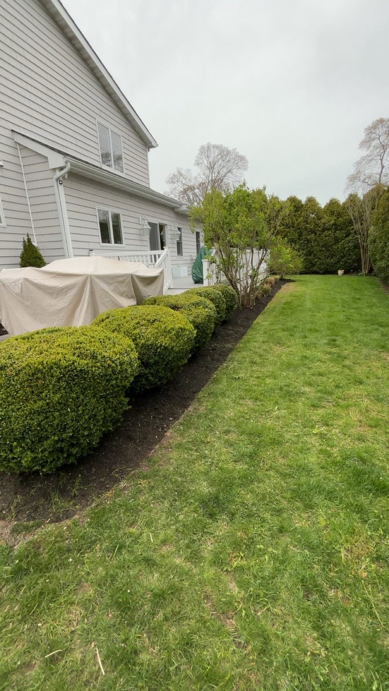 White two-story house with trimmed hedges, deck with clothesline, and manicured green lawn under overcast sky