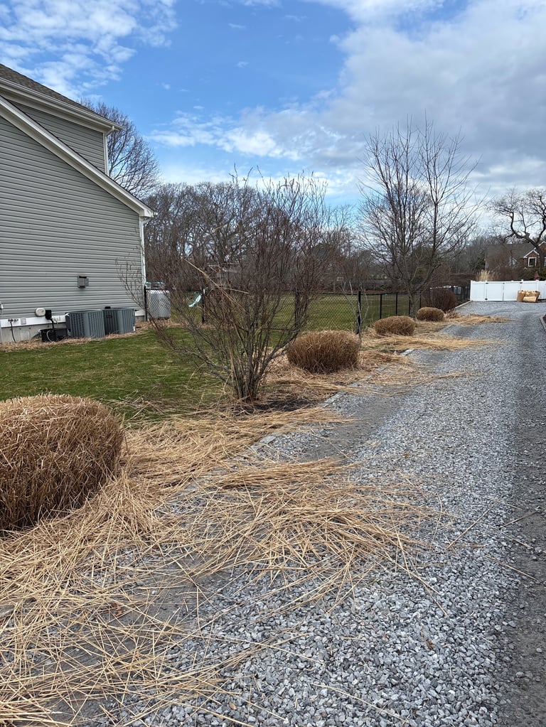 A rural property with a white house, gravel driveway, dormant shrubs and bare trees on an early spring day with partly cloudy blue sky