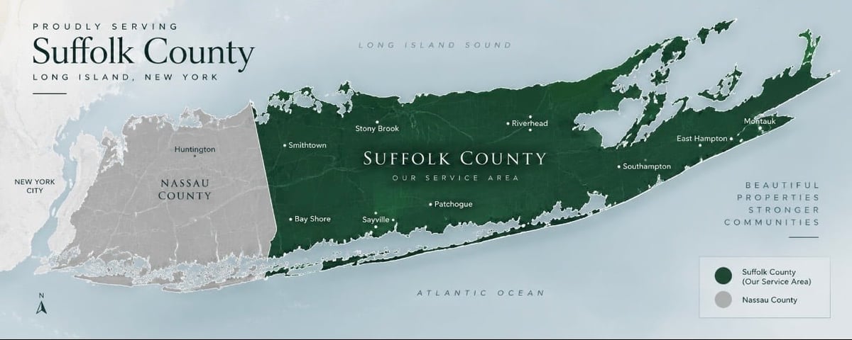 Map of Suffolk County on Long Island, New York, showing the county highlighted in dark green with surrounding Nassau County and Atlantic Ocean labeled
