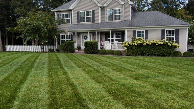 Two-story gray house with white trim and wraparound porch, manicured lawn with diagonal mowing stripes, surrounded by trees